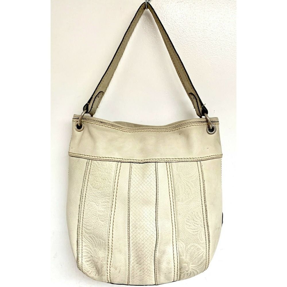 ROOMY Fossil IVORY CREAM EMBOSSED GENUINE LEATHER SHOULDER BAG TOTE HANDBAG